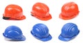 Six blue and red hard hats Royalty Free Stock Photo