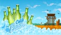 Six bottles of beer in ice cubes with beach landscape Royalty Free Stock Photo