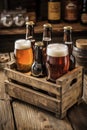Six bottles of beer and three glasses, ready for a cold refreshment. Barrels behind the crate give a Royalty Free Stock Photo