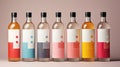 Six bottles of different colored liquor on a brown surface, AI Royalty Free Stock Photo