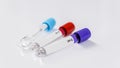 Six bottles for samples used in hospitals or medicine for blood samples in a laboratory on white background