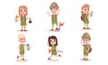 Set With Six Boys And Girls Scouts In Different Actions Vector Illustrations Cartoon Characters