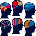 Six brain icons in flat and colored style