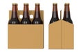 Six brown beer bottles in cardboard boxk. Side view and front view. 3D render, isolated on white background. Royalty Free Stock Photo