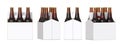 Six brown beer bottles in white corton pack. Four Different views 3D render, isolated on white background.