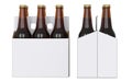 Six brown beer bottles in white corton pack. Side view and front view. 3D render, isolated on white background. Royalty Free Stock Photo