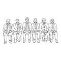 Six businessmen sitting together vector illustration sketch doodle hand drawn isolated on white background. Teamwork business