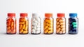 Six capsule bottles with colorfull pills isolated on white created with Generative AI