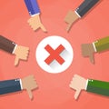 Six cartoon Businessmans hands hold thumbs down. negative checkmark in center, vector illustration flat design on red Royalty Free Stock Photo