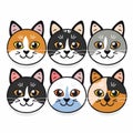 Six cartoon cat faces different expressions colors cute feline portraits. Simplified kitty