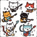 Six cartoon cats playing guitars, musical notes surrounding them, cute feline band. Cats strum