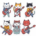Six cartoon cats playing musical instruments, two guitars, one banjo, colorful, whimsical, cat