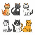 Six cartoon cats sitting, different colors patterns, cute feline characters, simple style, white