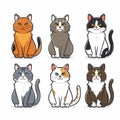 Six cartoon cats sitting, various colors patterns, cute feline characters, pet illustrations