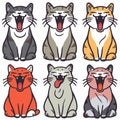 Six cartoon cats various fur patterns sitting yawning. Cute feline characters look funny, amusing