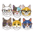 Six cartoon cats wearing colorful glasses, cat has different fur patterns glasses frames