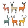 Six cartoon deer illustrated vibrant colors, deer features different color patterns antler