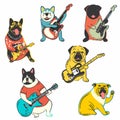 Six cartoon dogs playing electric guitars, unique design. Dogs illustrated musicians, canine band