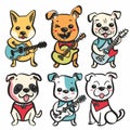Six cartoon dogs playing guitars, distinct colors expressions. Top row yellow dog, orange dog, dog