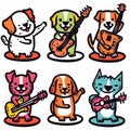 Six cartoon dogs playing musical instruments, colorful, cute, animal band. Canines guitars, happy