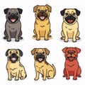 Six cartoon dogs smiling, various colors, seated standing poses. Six pugs illustrated, happy