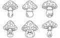 Six cartoon mushrooms with faces and patterns on caps Royalty Free Stock Photo