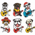 Six cartoon pugs playing guitars, wearing hats sunglasses, music theme, colorful design, isolated