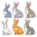 Six cartoon rabbits various colors poses. Illustration cute bunnies, colorful characters drawing