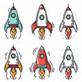 Six cartoon rockets, colorful space crafts blasting off. Handdrawn style rockets, red, teal