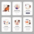 Six cartoon-style mobile app interface designs, each featuring diverse characters. The Royalty Free Stock Photo