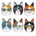 Six cats different fur patterns wearing colorful glasses, cat exhibits unique coloring eyewear