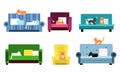 Six Flat Vector Illustration Set With Cats On The Sofas