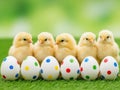 Six chicks and colorful easter eggs on a lush green lawn Royalty Free Stock Photo