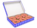 Six chocolate donuts in blue box. Side view. 3D render