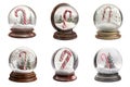 Six Christmas Snow Globes with Candy Canes and Winter Scenes Royalty Free Stock Photo
