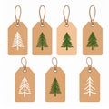 Six Christmas Tree Tags in Brown with Green and White Trees Royalty Free Stock Photo