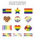 Six-color rainbow LGBT symbols: flags, hearts, peace, star, lips