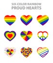 Six-color rainbow LGBT symbols, Pride, freedom heart set