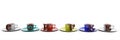 Six colored coffee cups on a white background and the inscription coffee. Minimalistic concept. 3d rendering Royalty Free Stock Photo