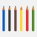 Six colored pencils isolated on transparent background. Pencils draw. Baby colorful colored pencils. Vector illustration.
