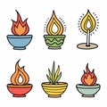 Six colorful bowls, containing fire flames, one plant, others candle oil lamp illustrations Royalty Free Stock Photo