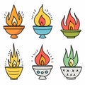 Six colorful bowls different flame designs represent various stylized fire. Cartoon fire vector Royalty Free Stock Photo