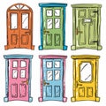 Six colorful cartoon doors, handdrawn style, variety designs hues. Vibrant doors, ornate knobs