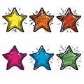 Six colorful cartoon stars doodled vibrant hues energetic linework. Handdrawn stars feature Royalty Free Stock Photo