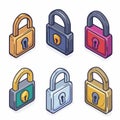 Six colorful cartoonstyle padlocks, three top row three bottom row, padlock has keyhole