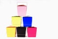 Six colorful chinese food containers stacked on each other