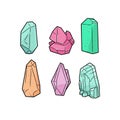 Six colorful crystals and minerals of various shapes. Hand-drawn gemstones in pink, teal, and orange. Geology and