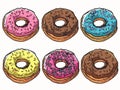 Six colorful donuts handdrawn illustration, various toppings, sweet dessert concept. Assorted