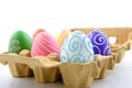 Six colorful easter eggs in box Royalty Free Stock Photo