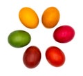 Six colorful Easter eggs flat lay in a circle and isolated on plain white background Royalty Free Stock Photo